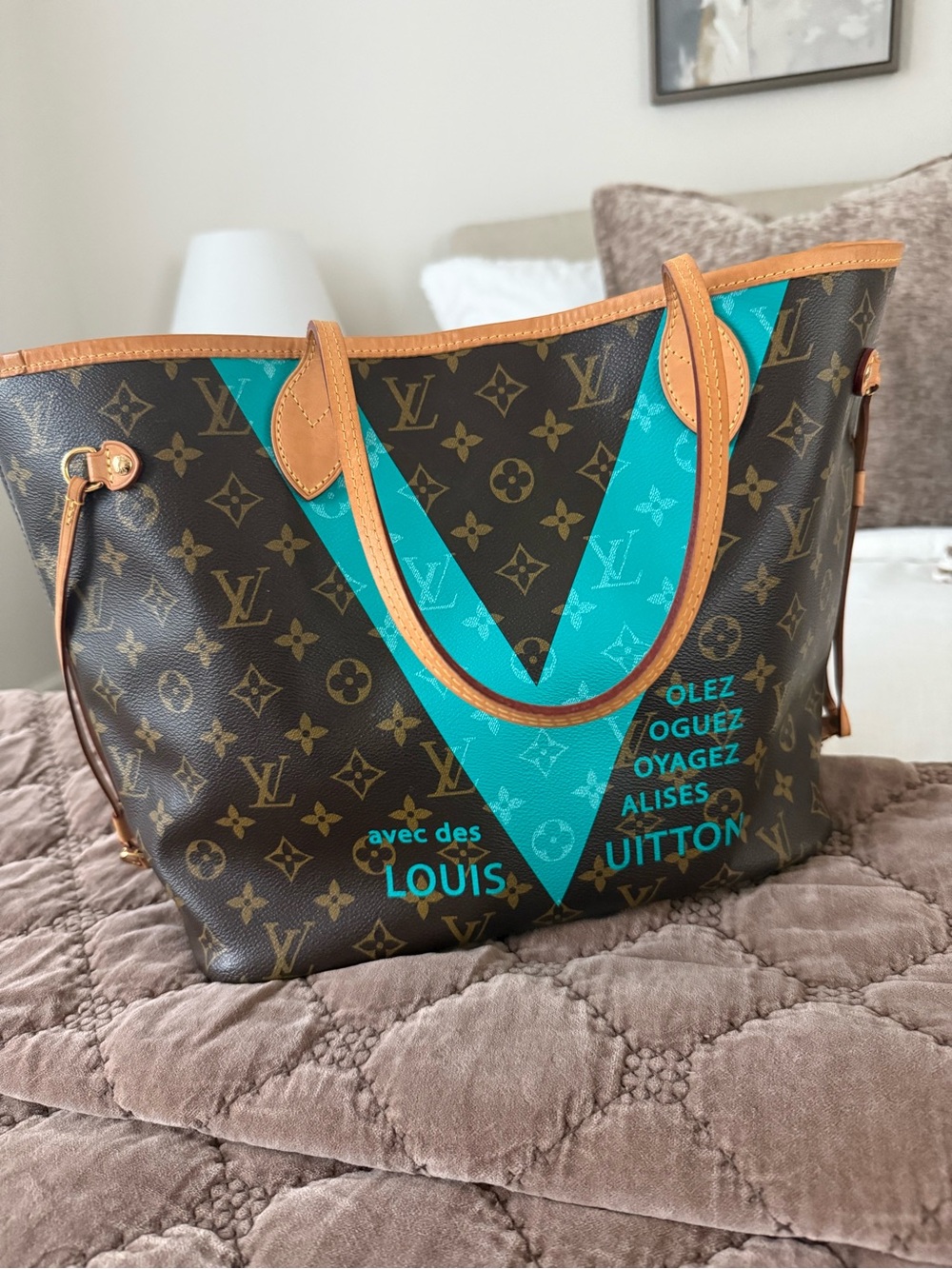 Louis Vuitton Brown Monogram Tote with Turquoise V Graphic